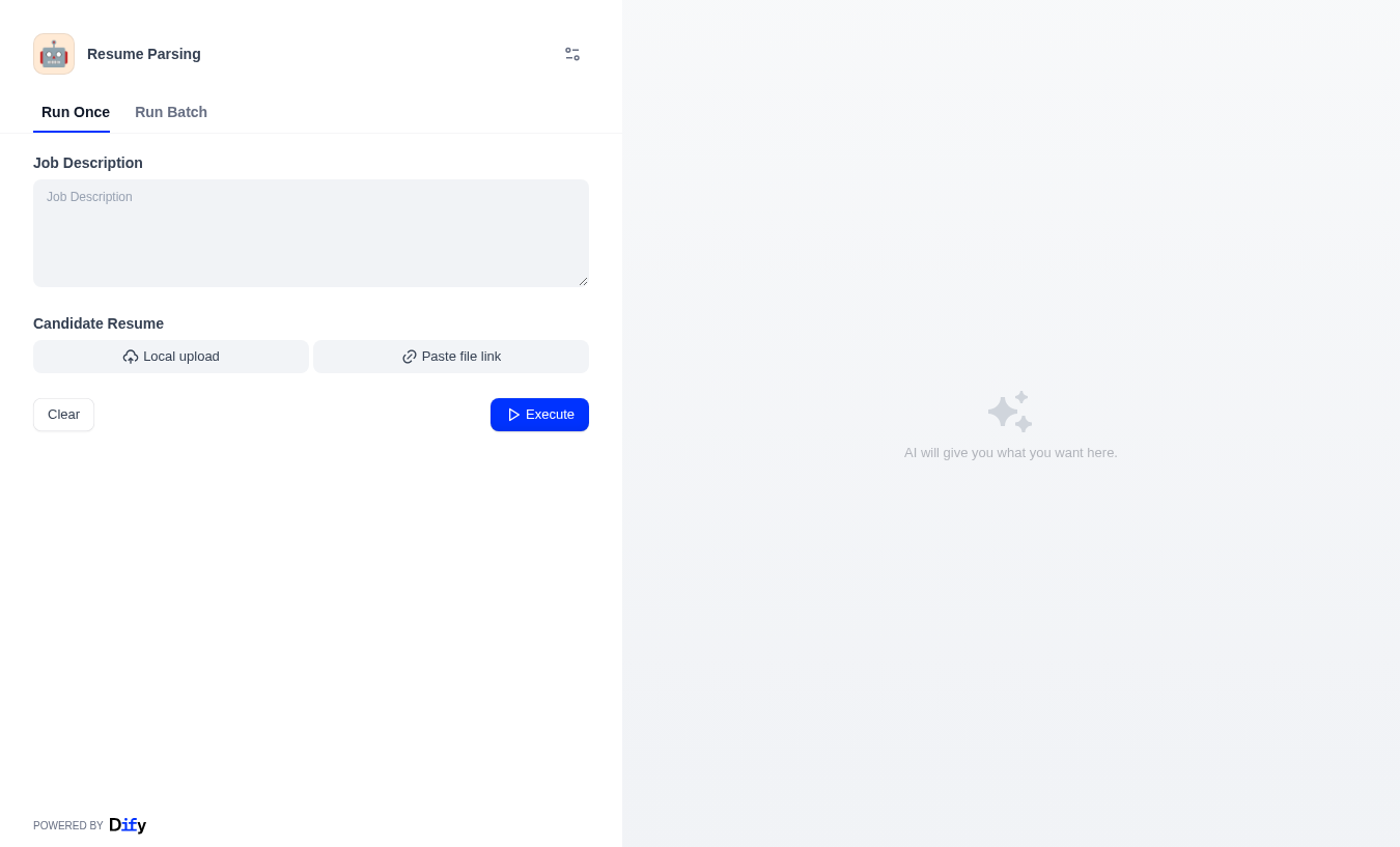 Actual Resume Parsing workflow with a job description field, résumé upload, and Execute action